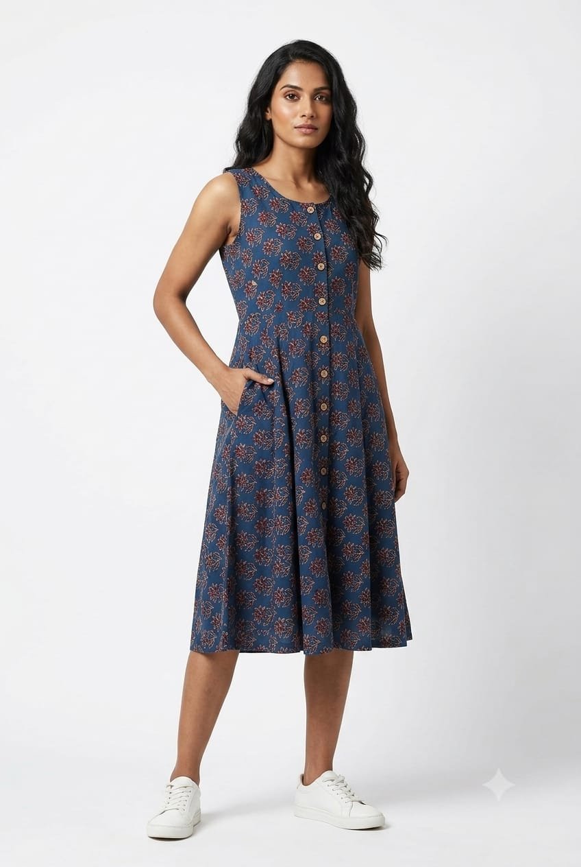 Cotton Printed Sleeve Less Dress
