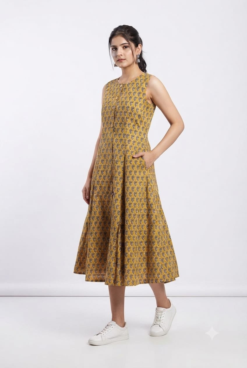 Cotton Printed Sleeve Less Dress