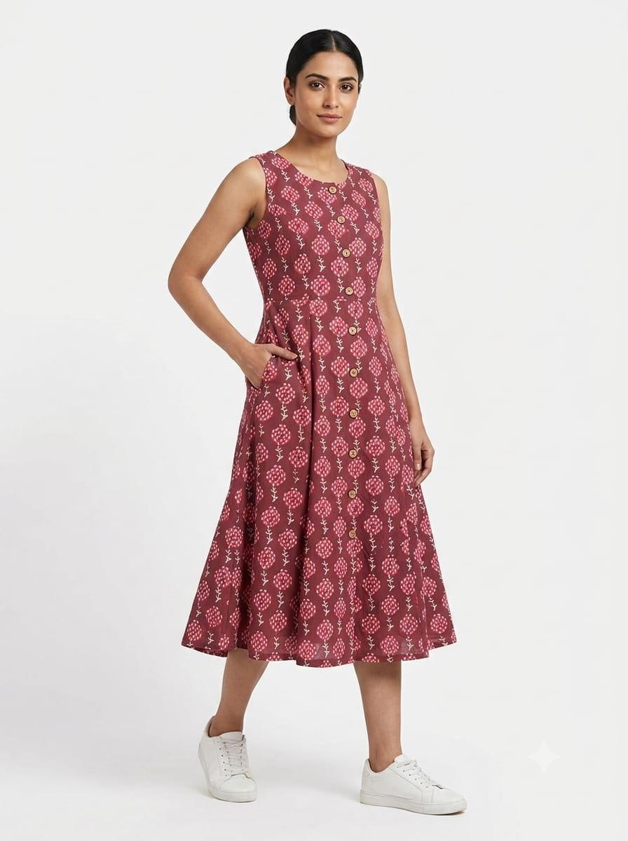 Cotton Printed Sleeve Less Dress