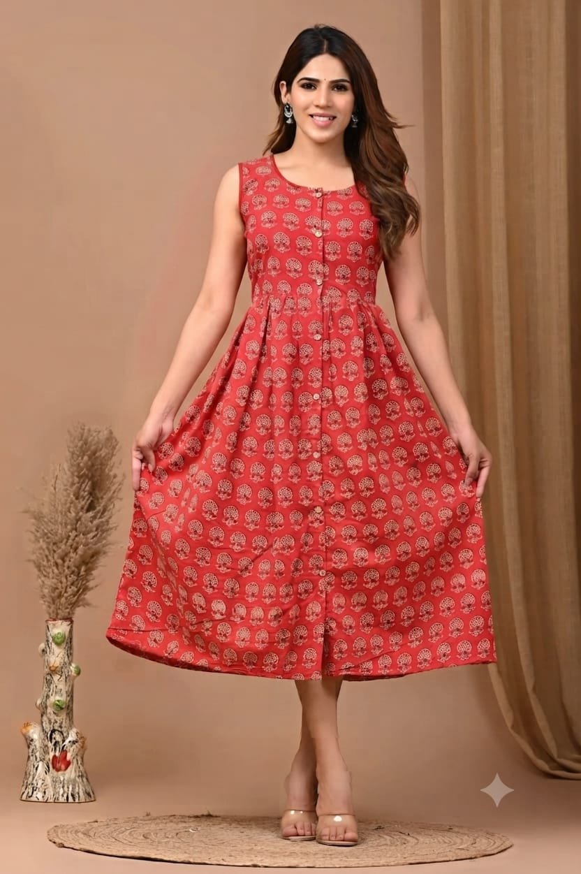 Cotton Printed Sleeve Less Dress