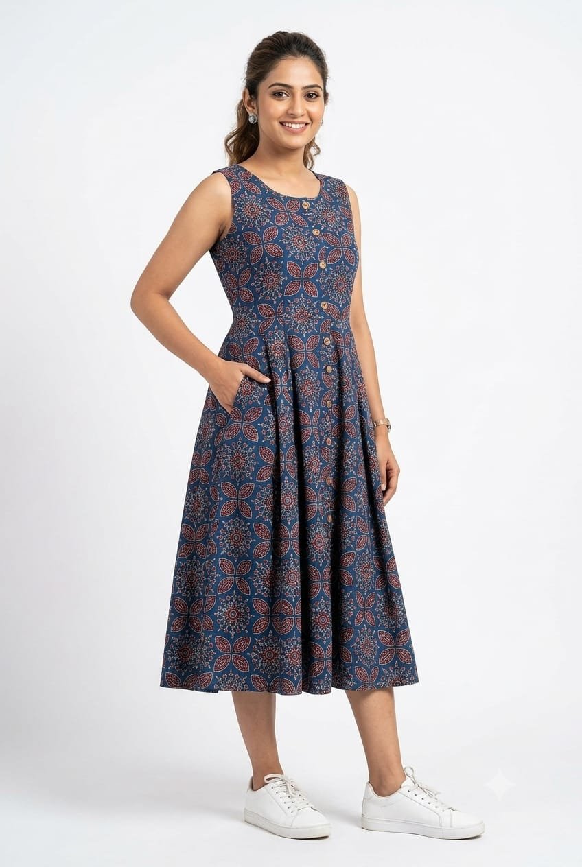 Cotton Printed Sleeve Less Dress