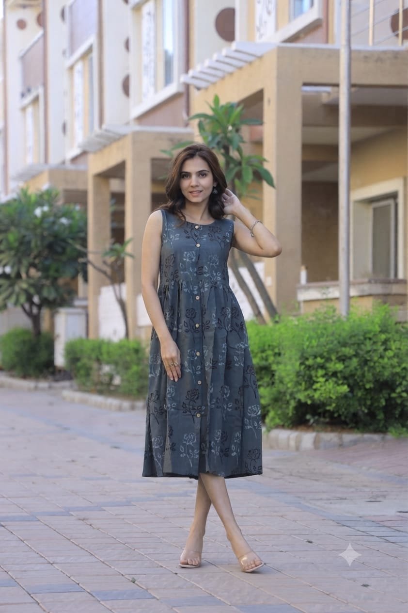 Cotton Printed Sleeve Less Dress