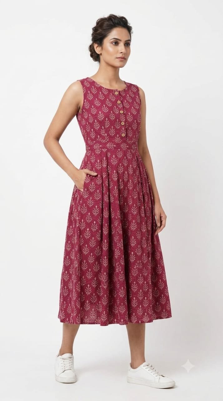 Cotton Printed Sleeve Less Dress