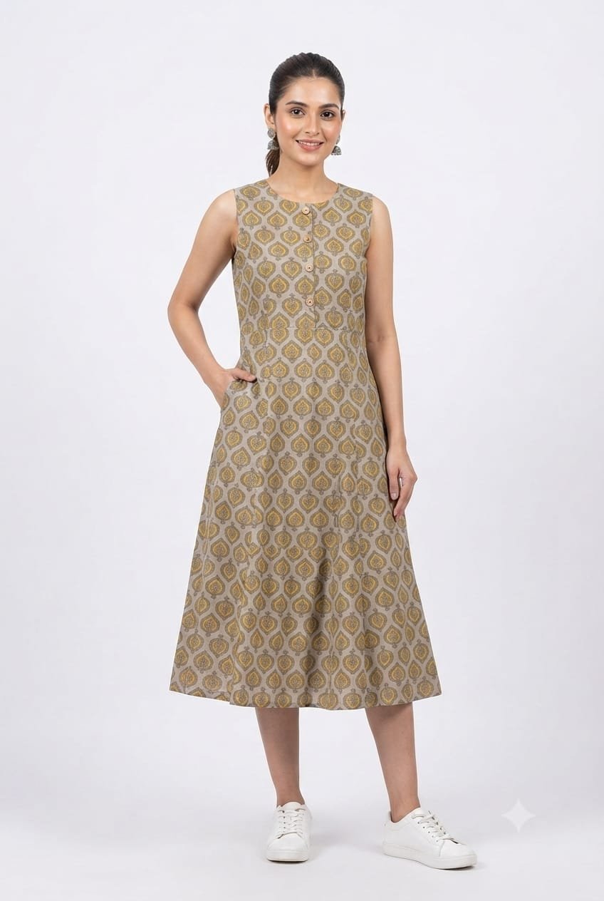 Cotton Printed Sleeve Less Dress