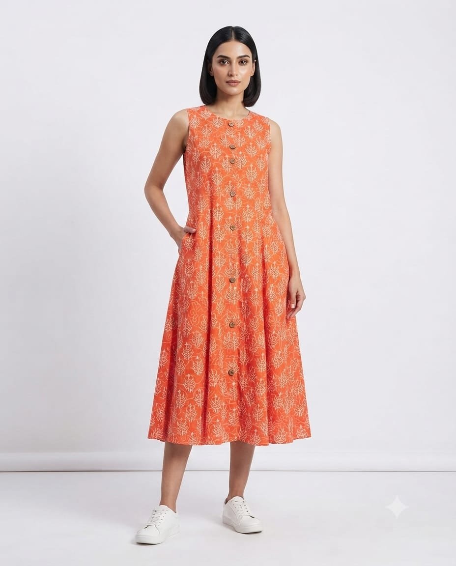 Cotton Printed Sleeve Less Dress