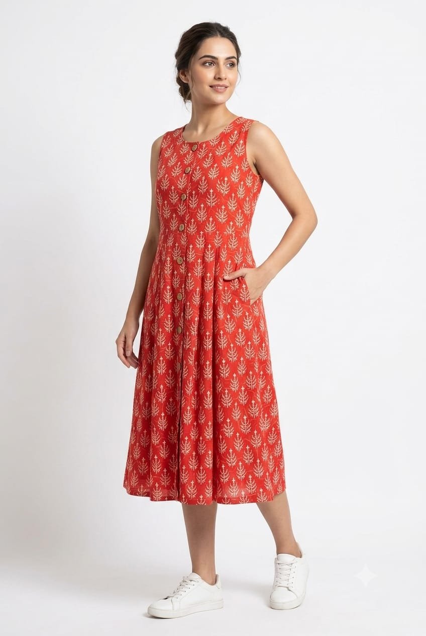 Cotton Printed Sleeve Less Dress