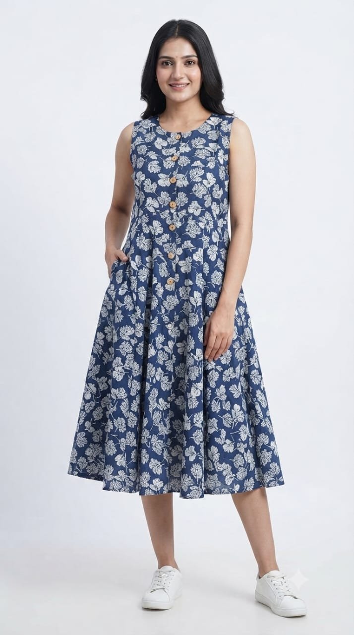Cotton Printed Sleeve Less Dress