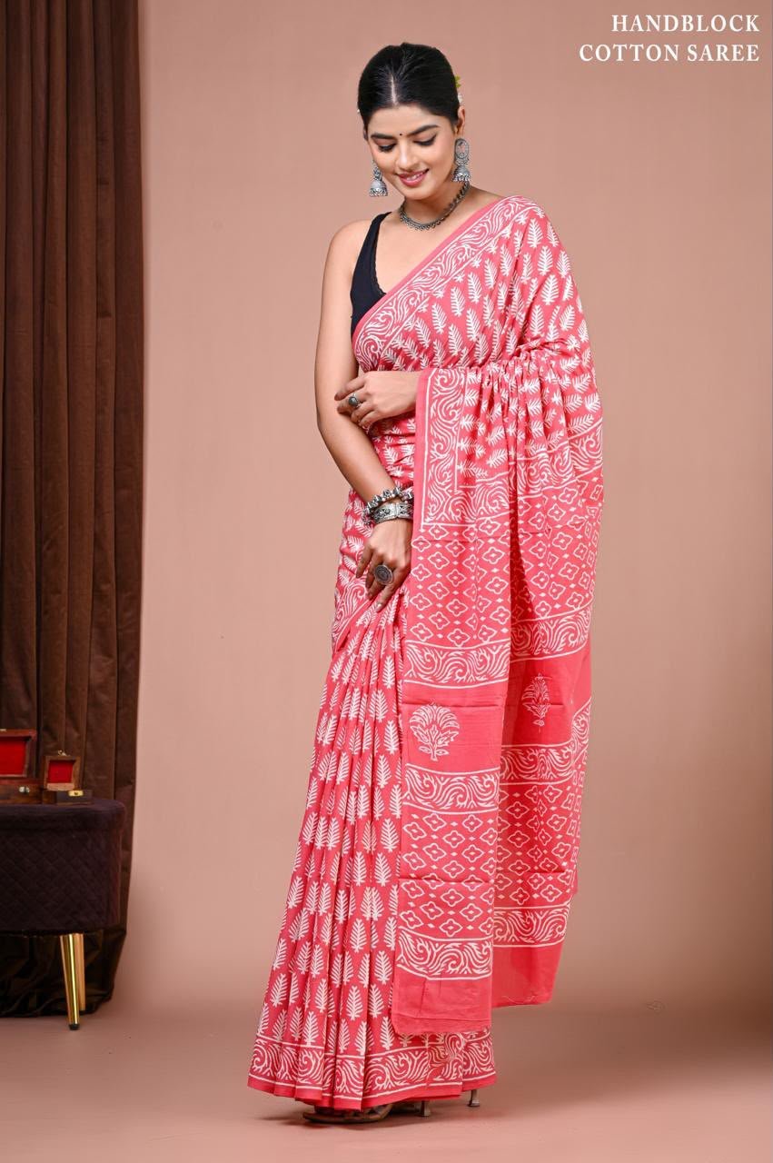 Cotton Hand Block Printed Saree