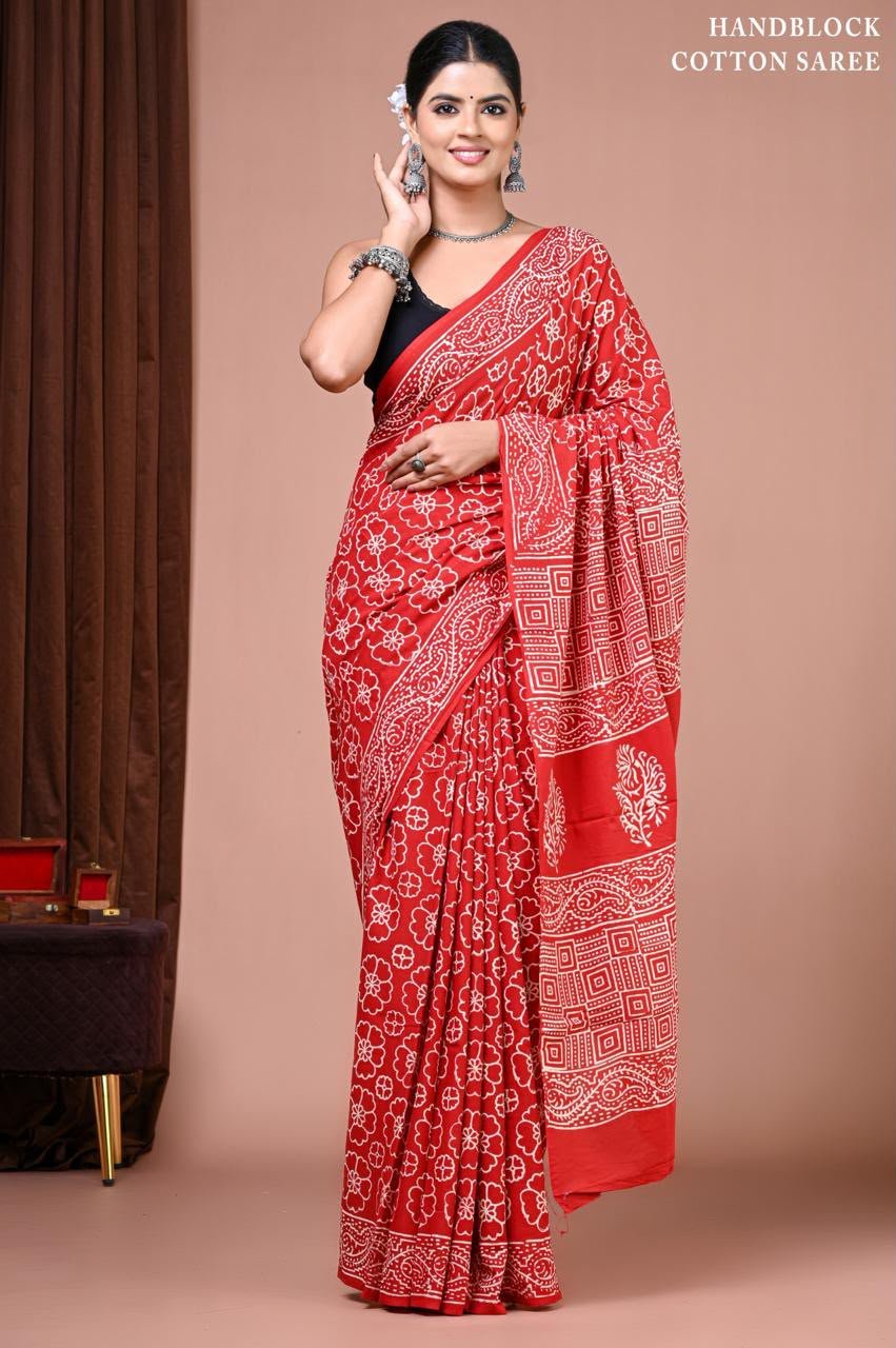 Cotton Hand Block Printed Saree