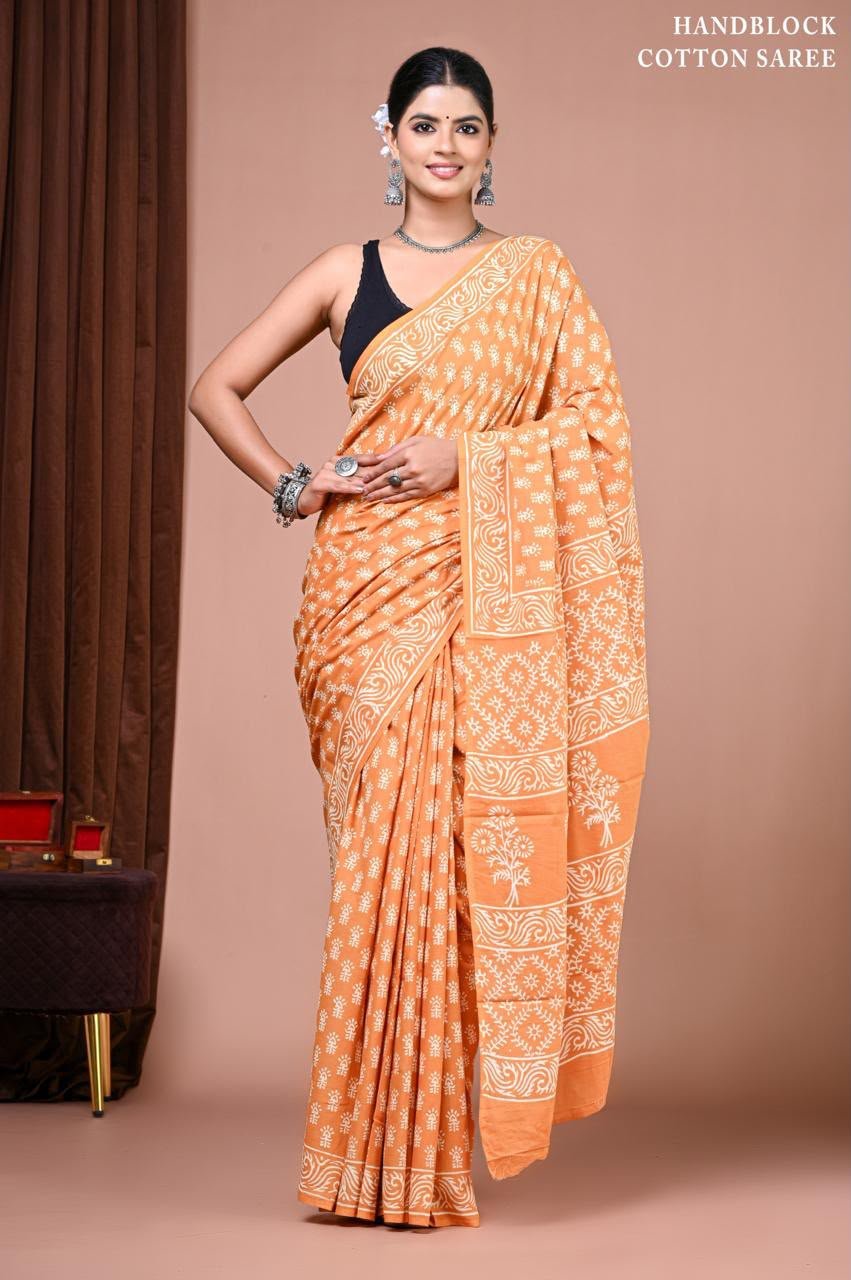 Cotton Hand Block Printed Saree