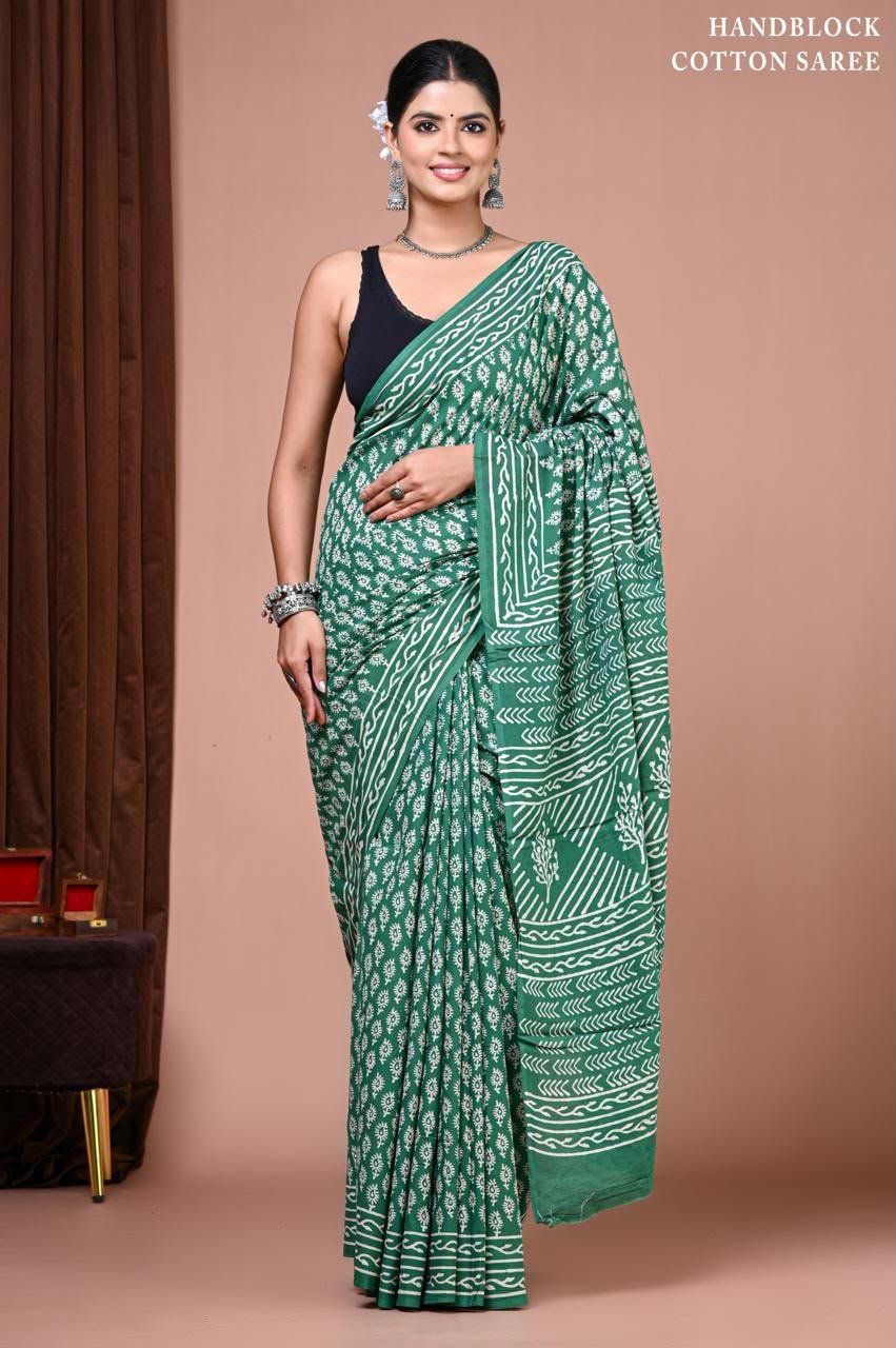 Cotton Hand Block Printed Saree