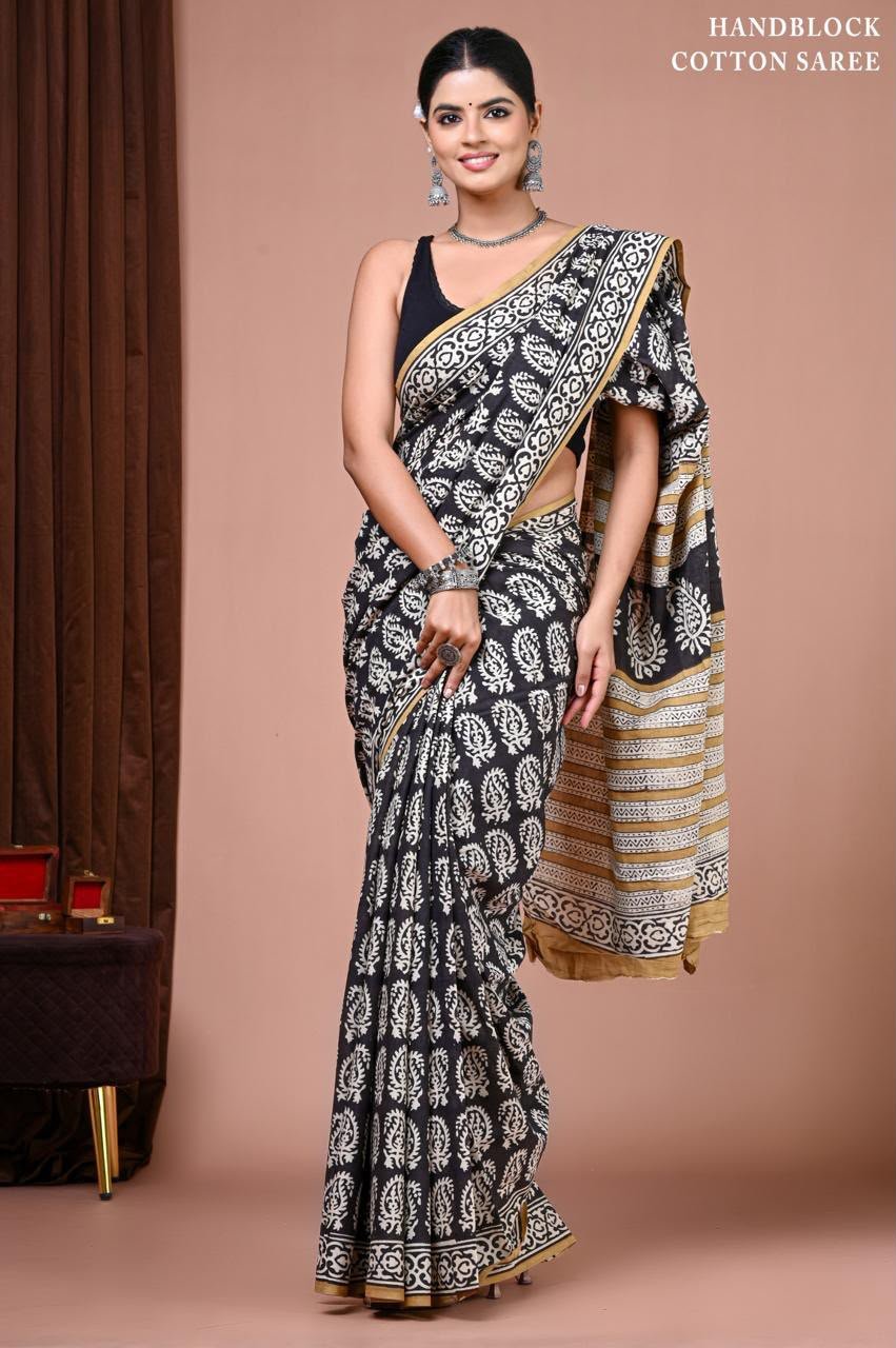Cotton Hand Block Printed Saree