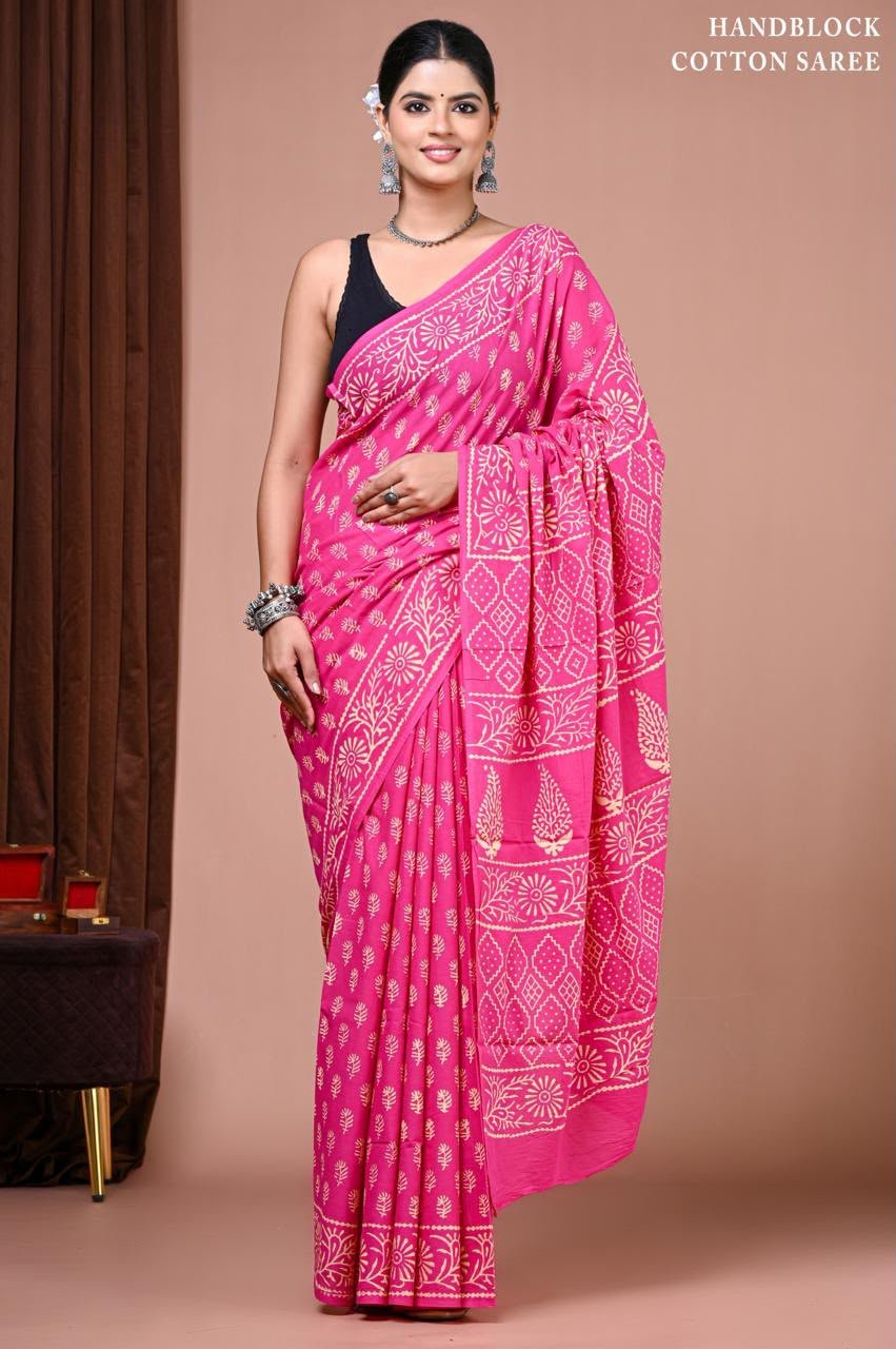 Cotton Hand Block Printed Saree