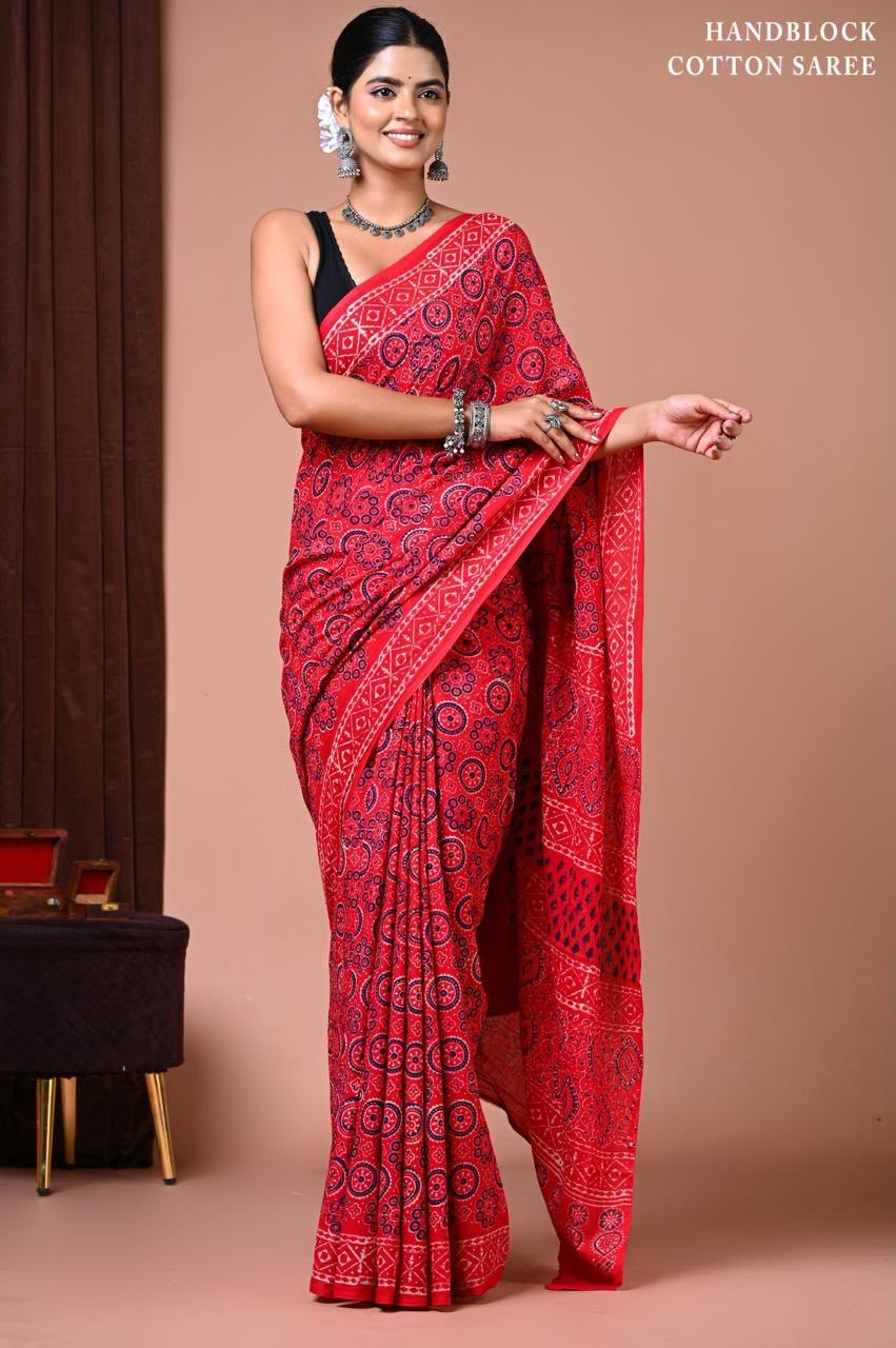 Cotton Hand Block Printed Saree