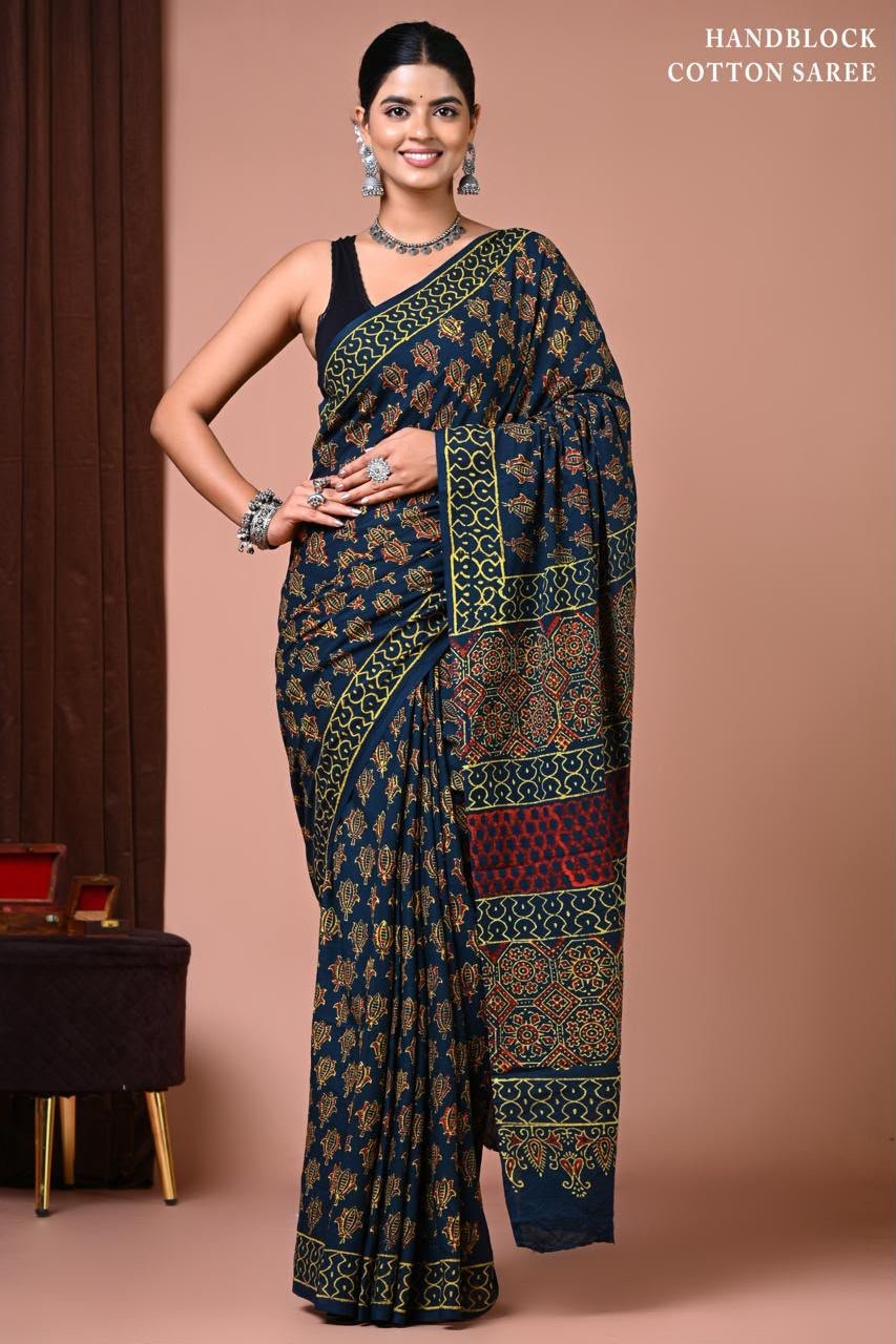Cotton Hand Block Printed Saree