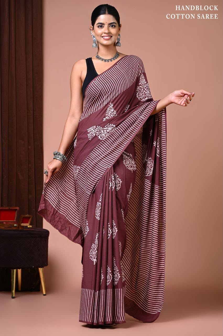 Cotton Hand Block Printed Saree