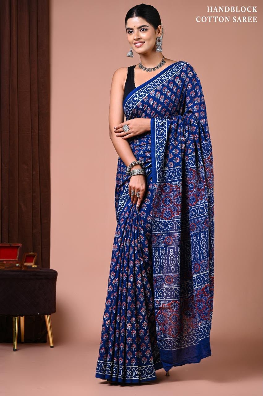 Cotton Hand Block Printed Saree