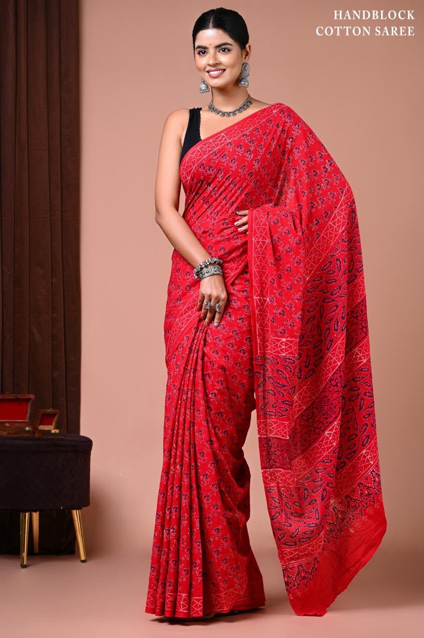 Cotton Hand Block Printed Saree