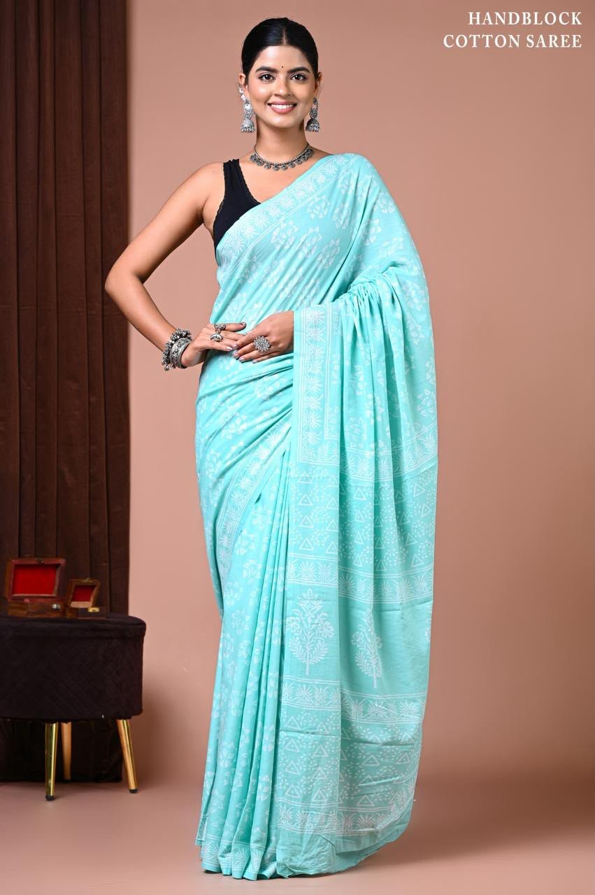 Cotton Hand Block Printed Saree