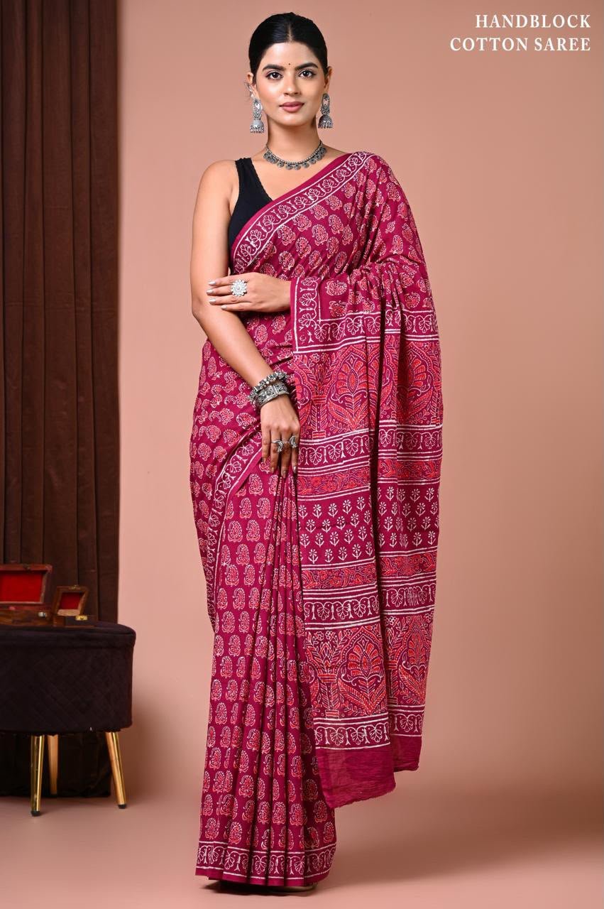 Cotton Hand Block Printed Saree