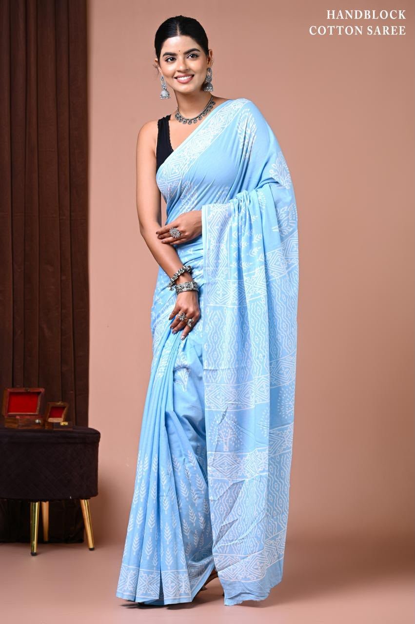 Cotton Hand Block Printed Saree