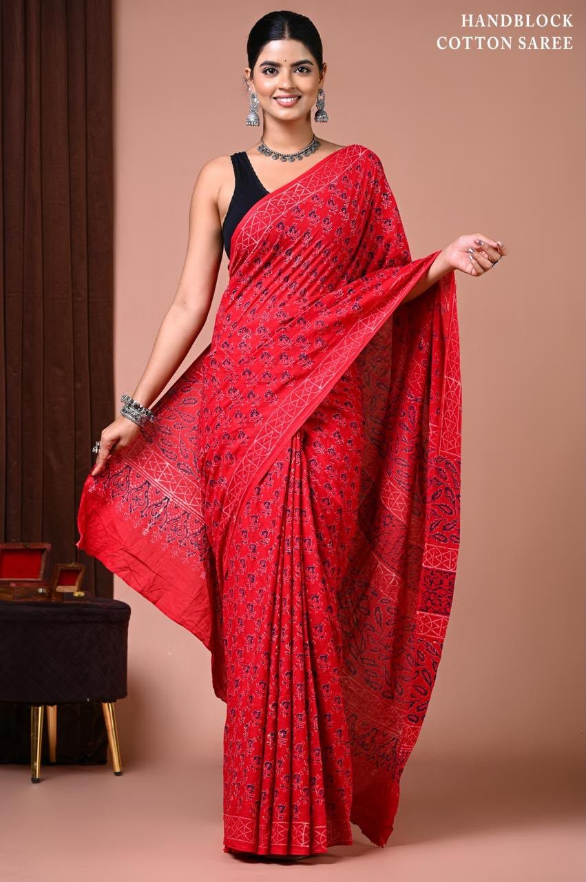 Cotton Hand Block Printed Saree