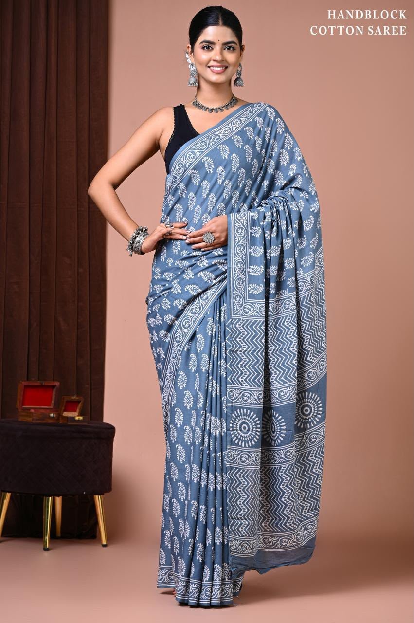 Cotton Hand Block Printed Saree