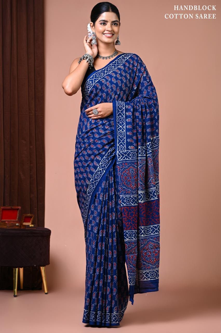 Cotton Hand Block Printed Saree