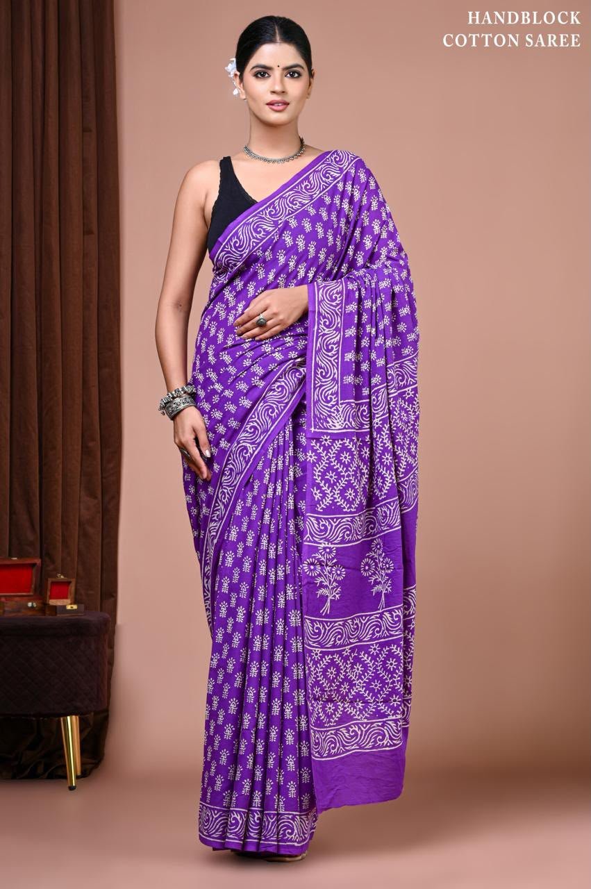 Cotton Hand Block Printed Saree