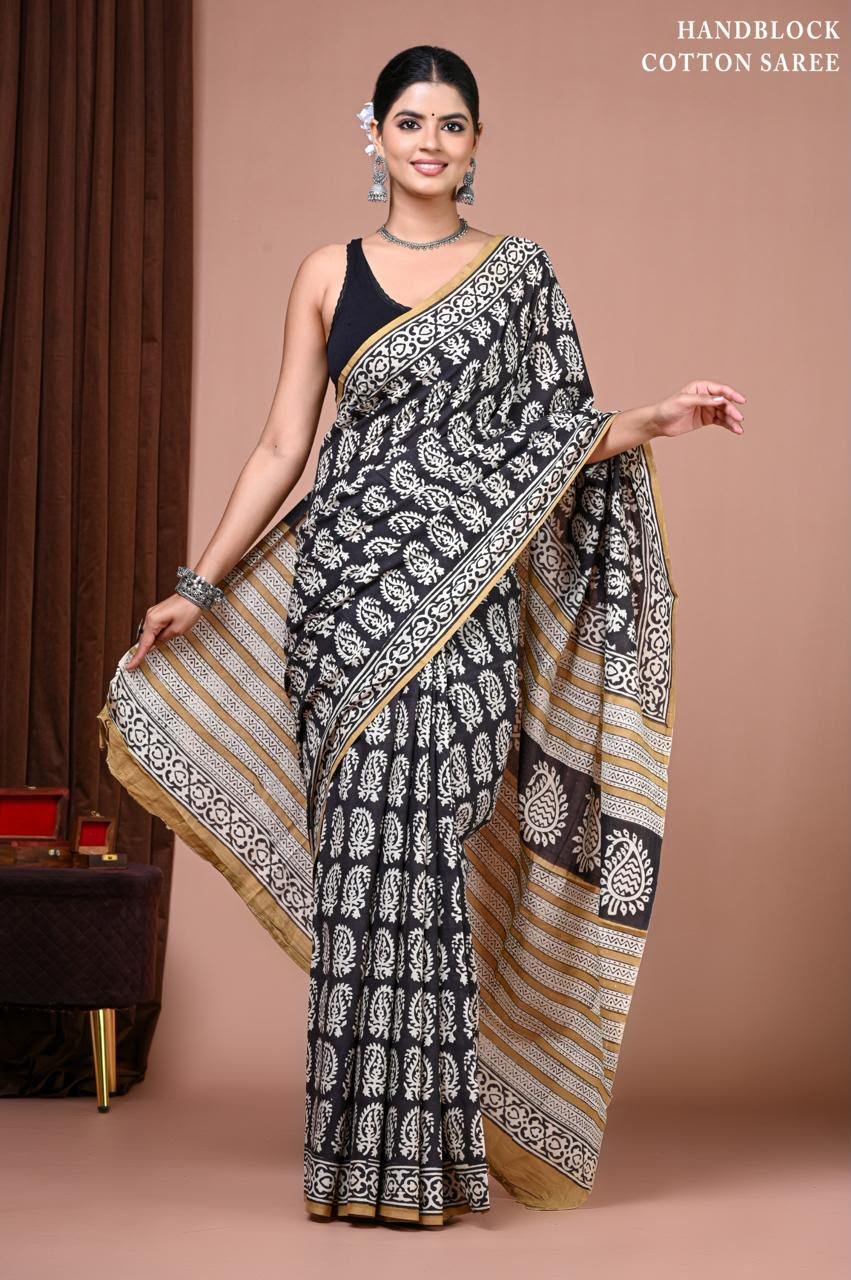 Cotton Hand Block Printed Saree