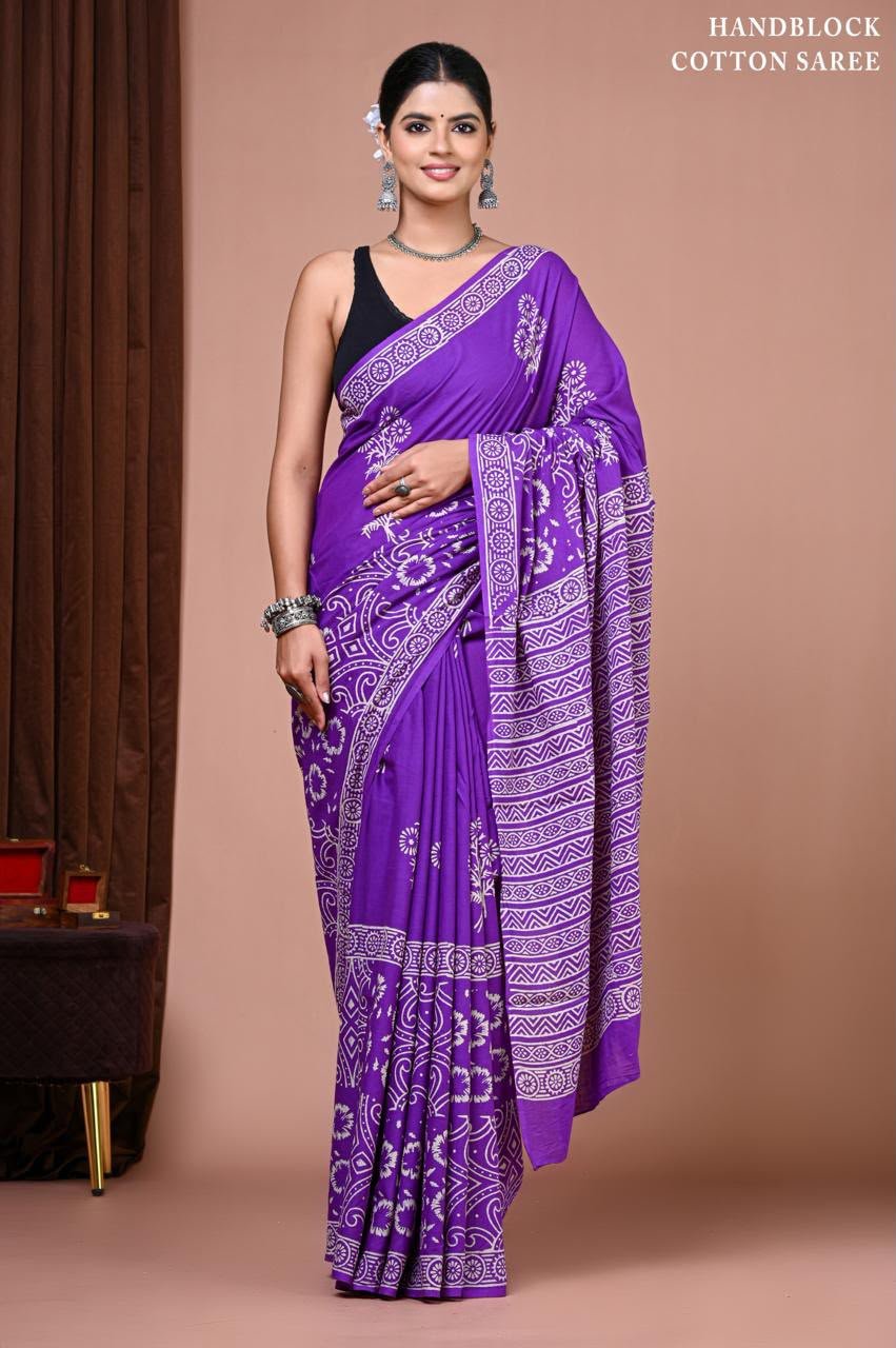 Cotton Hand Block Printed Saree