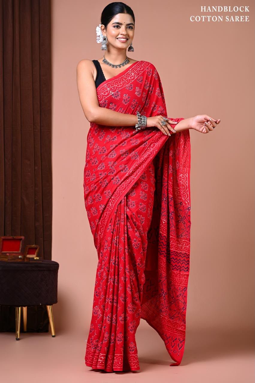 Cotton Hand Block Printed Saree