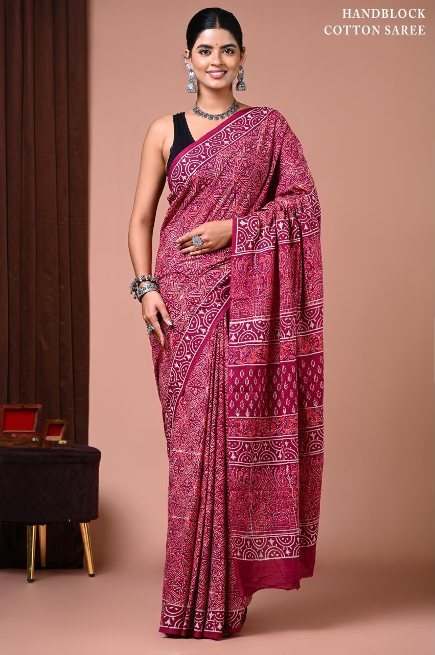 Cotton Hand Block Printed Saree