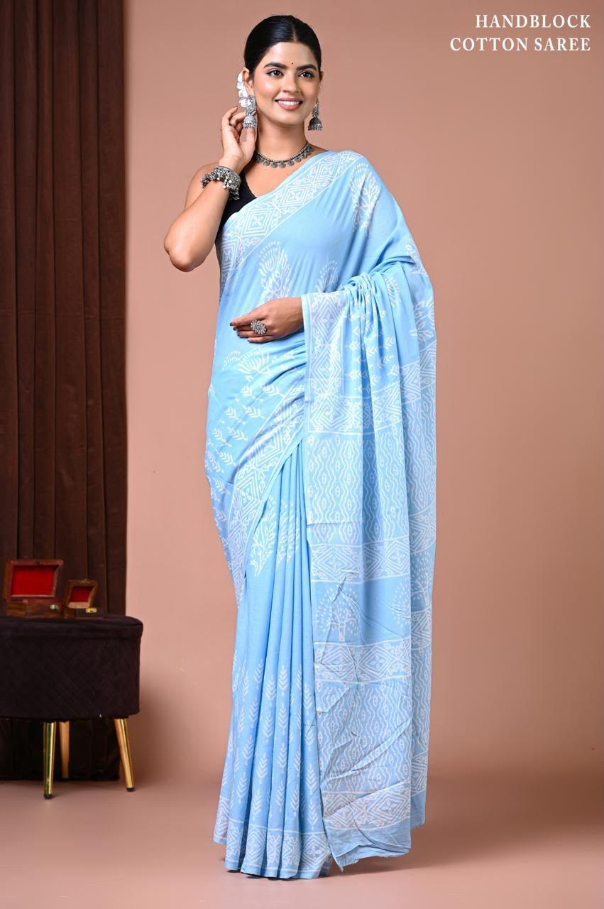 Cotton Hand Block Printed Saree