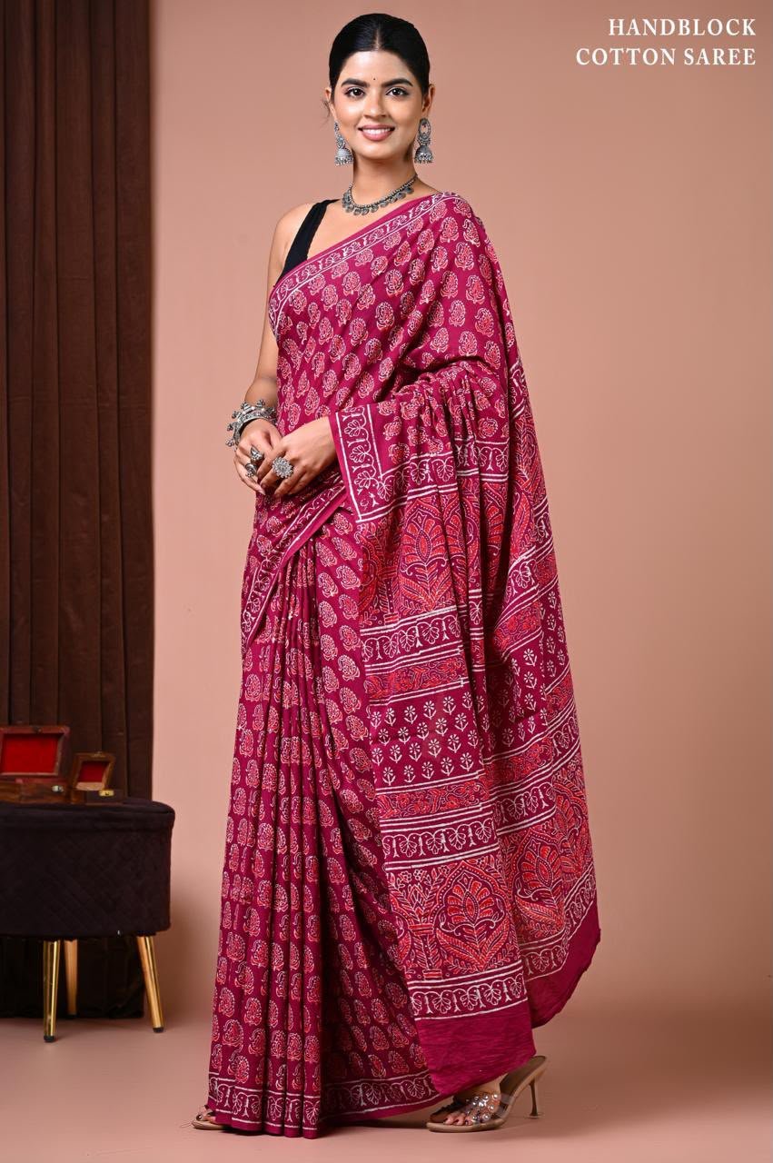 Cotton Hand Block Printed Saree