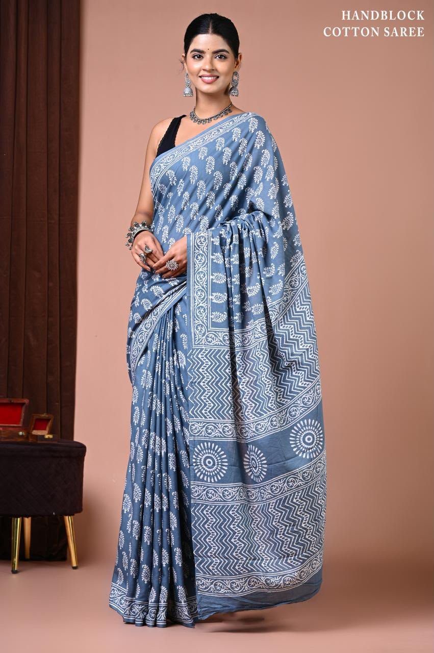 Cotton Hand Block Printed Saree