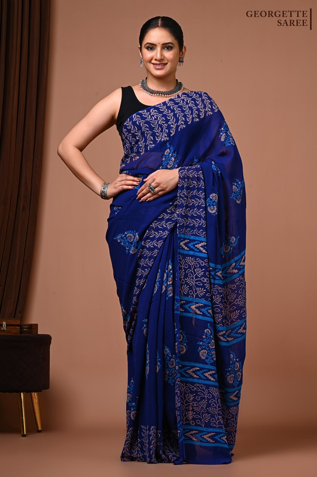 Georgette Hand Block Printed Saree