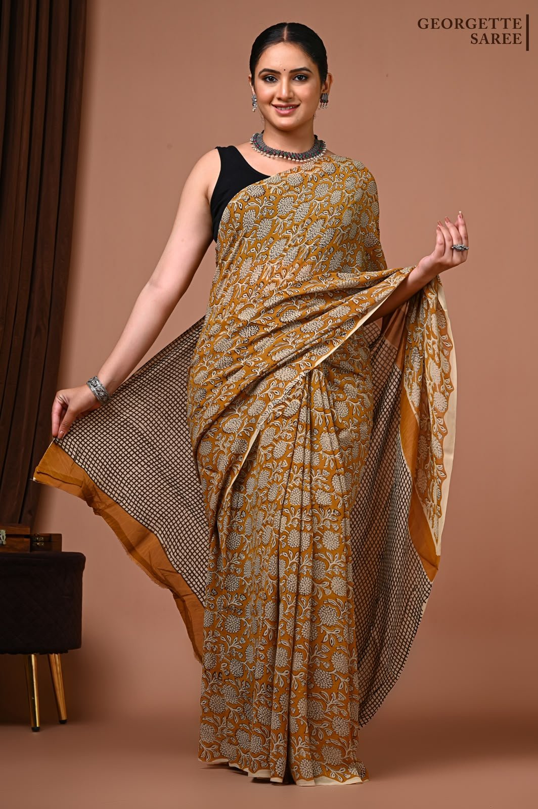 Georgette Hand Block Printed Saree