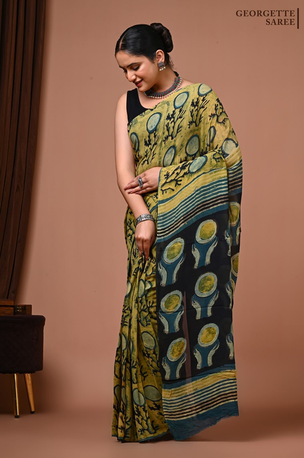 Georgette Hand Block Printed Saree