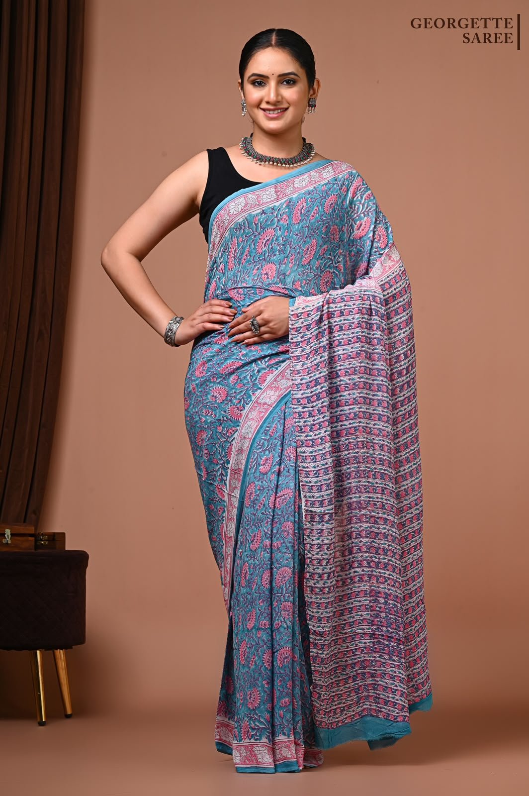 Georgette Hand Block Printed Saree