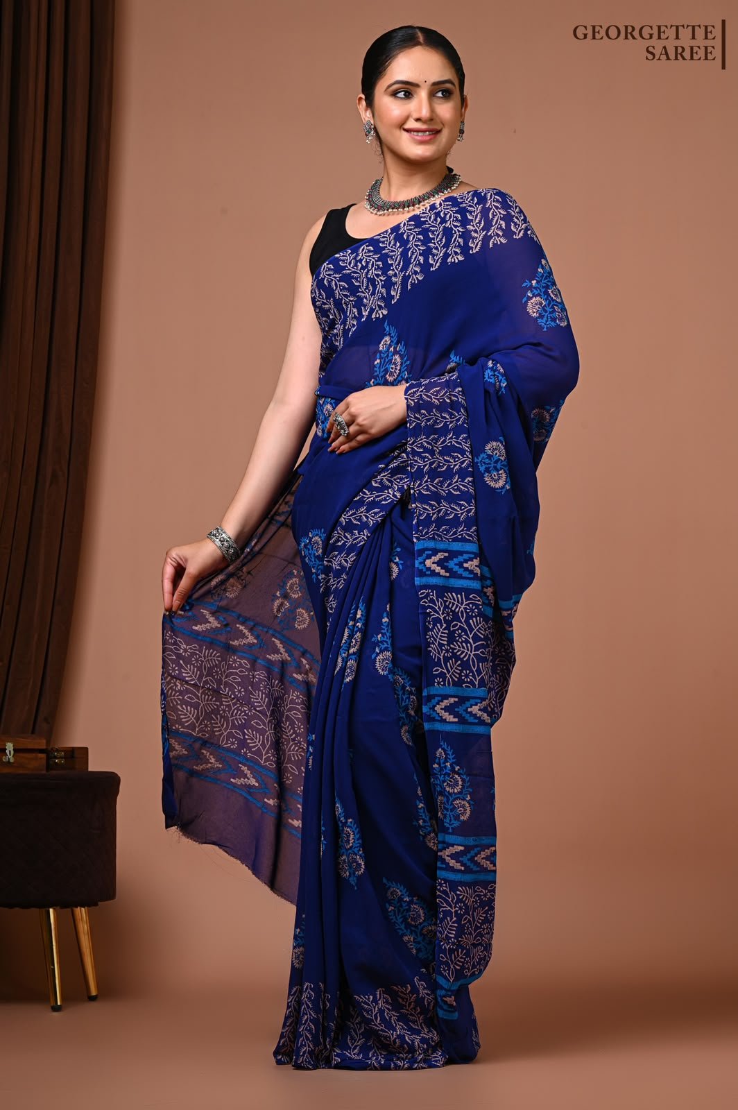 Georgette Hand Block Printed Saree