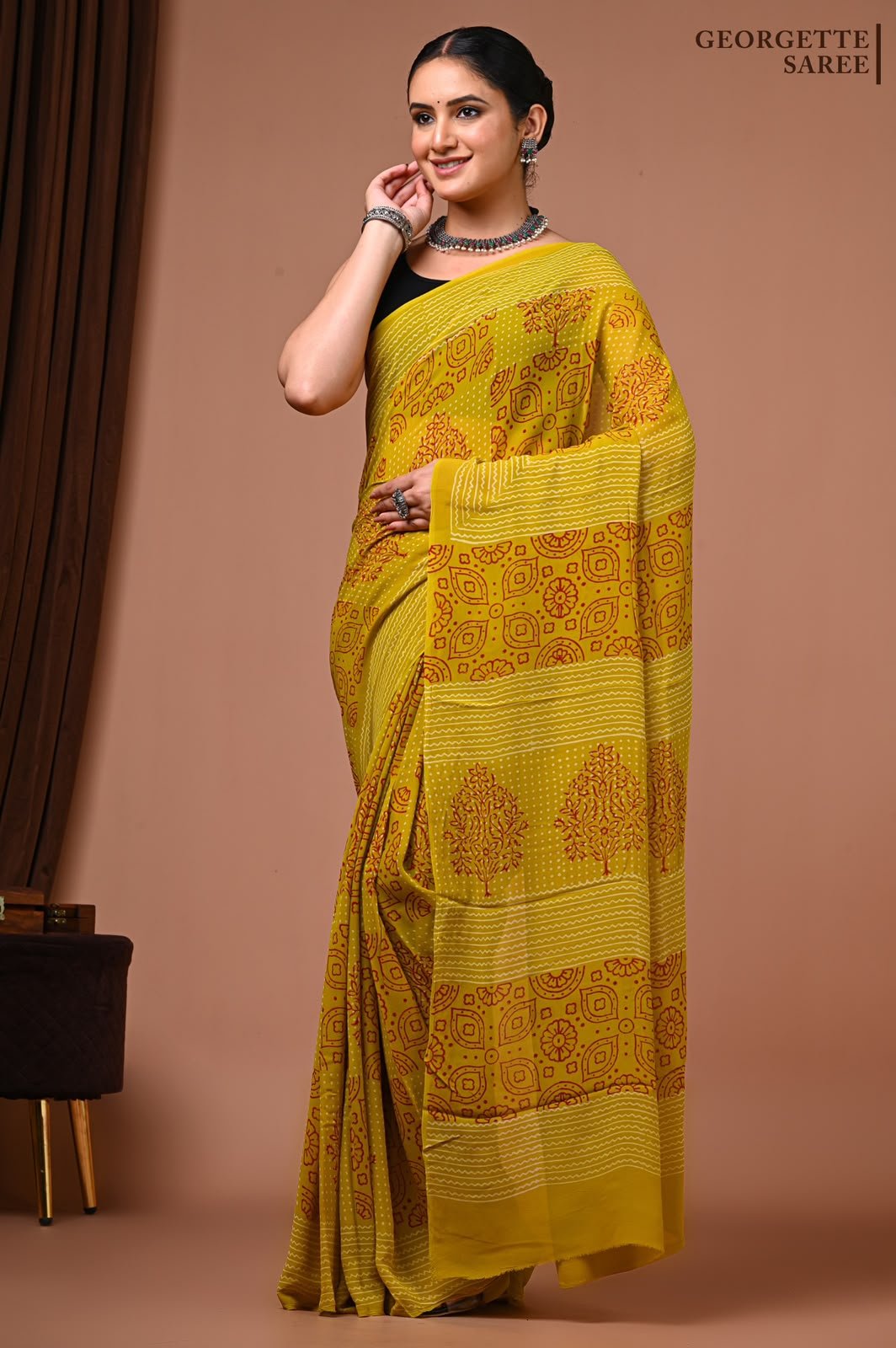 Georgette Hand Block Printed Saree