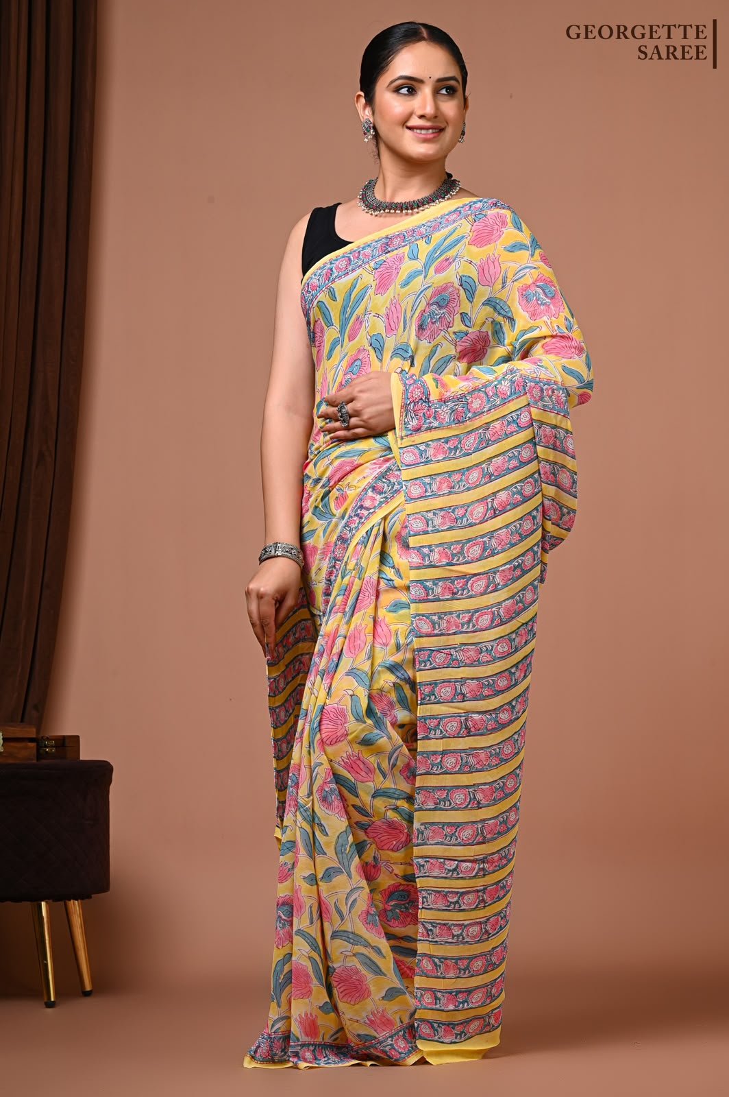 Georgette Hand Block Printed Saree