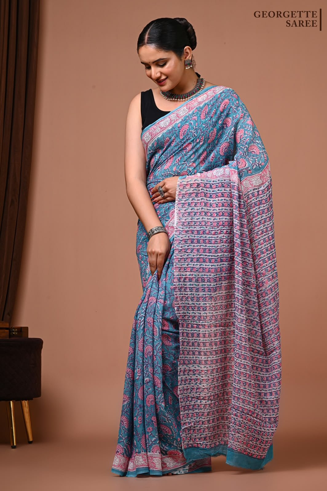 Georgette Hand Block Printed Saree