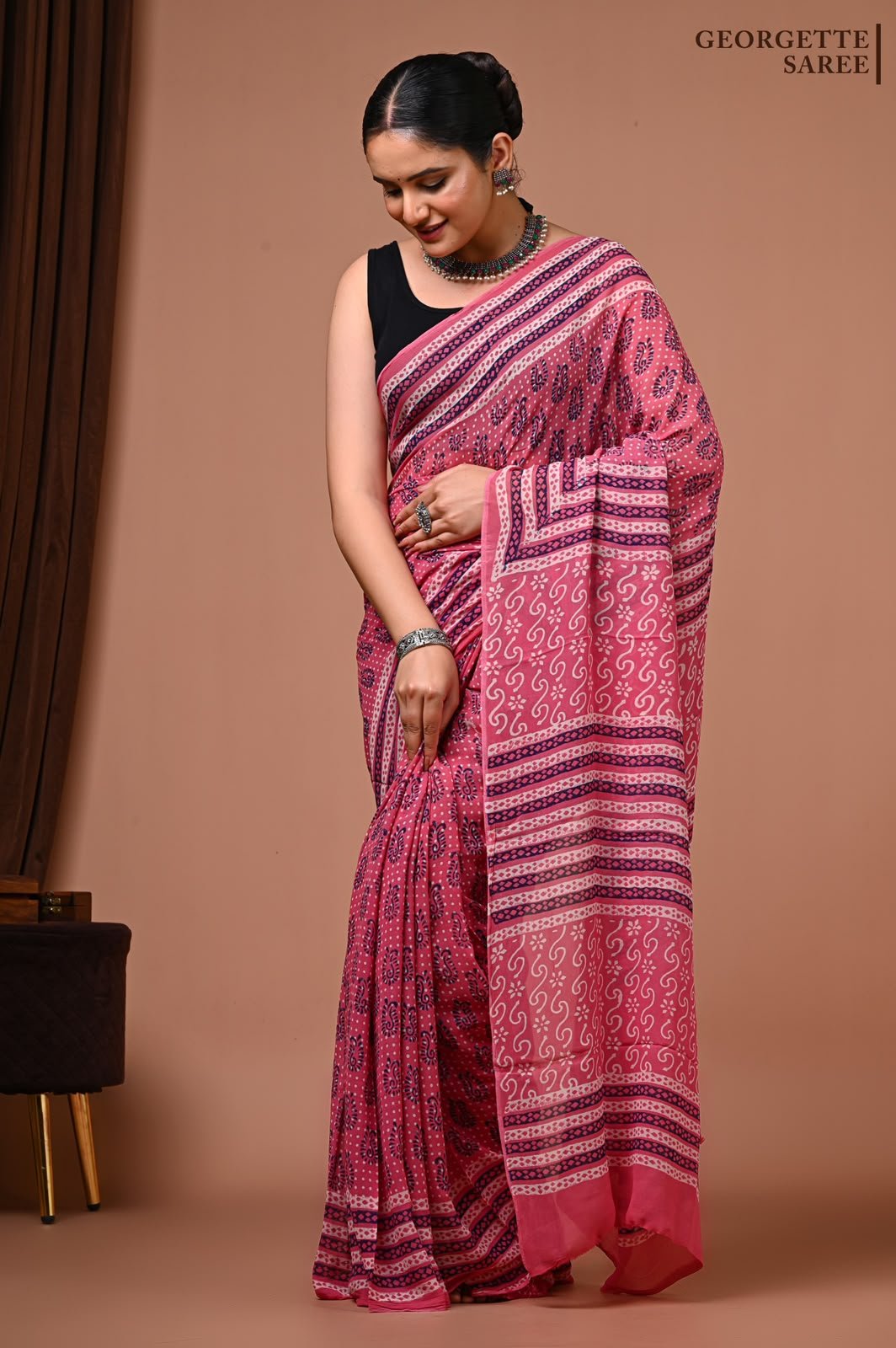 Georgette Hand Block Printed Saree