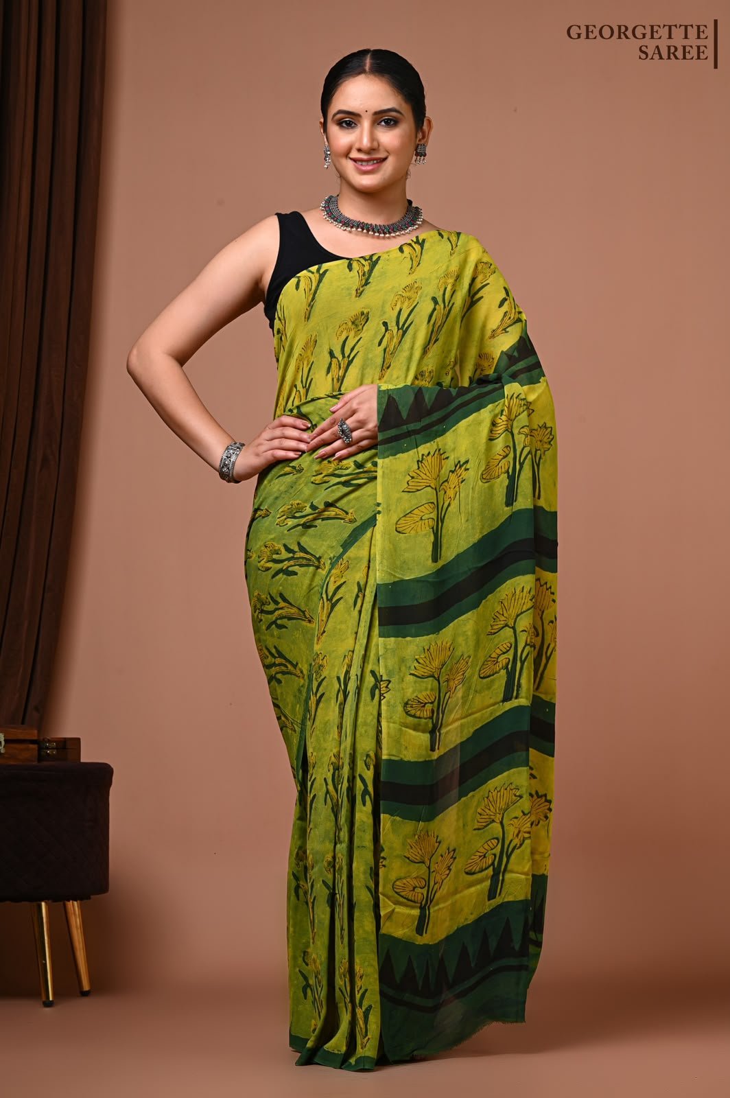 Georgette Hand Block Printed Saree