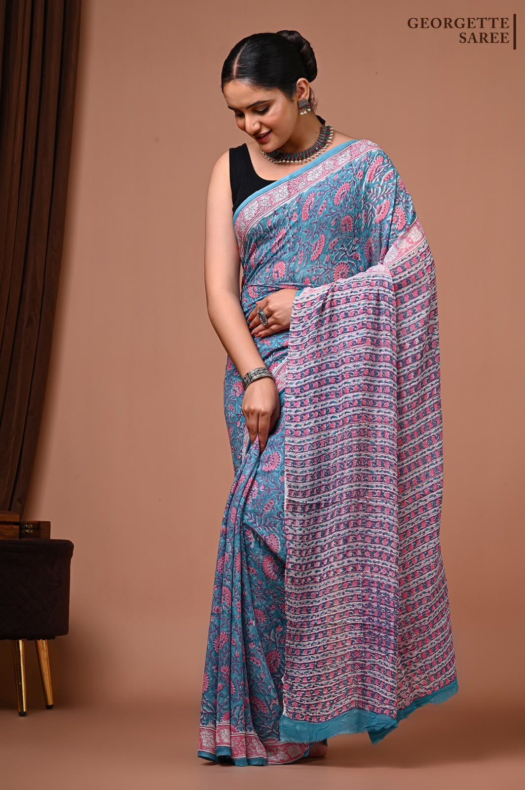 Georgette Hand Block Printed Saree