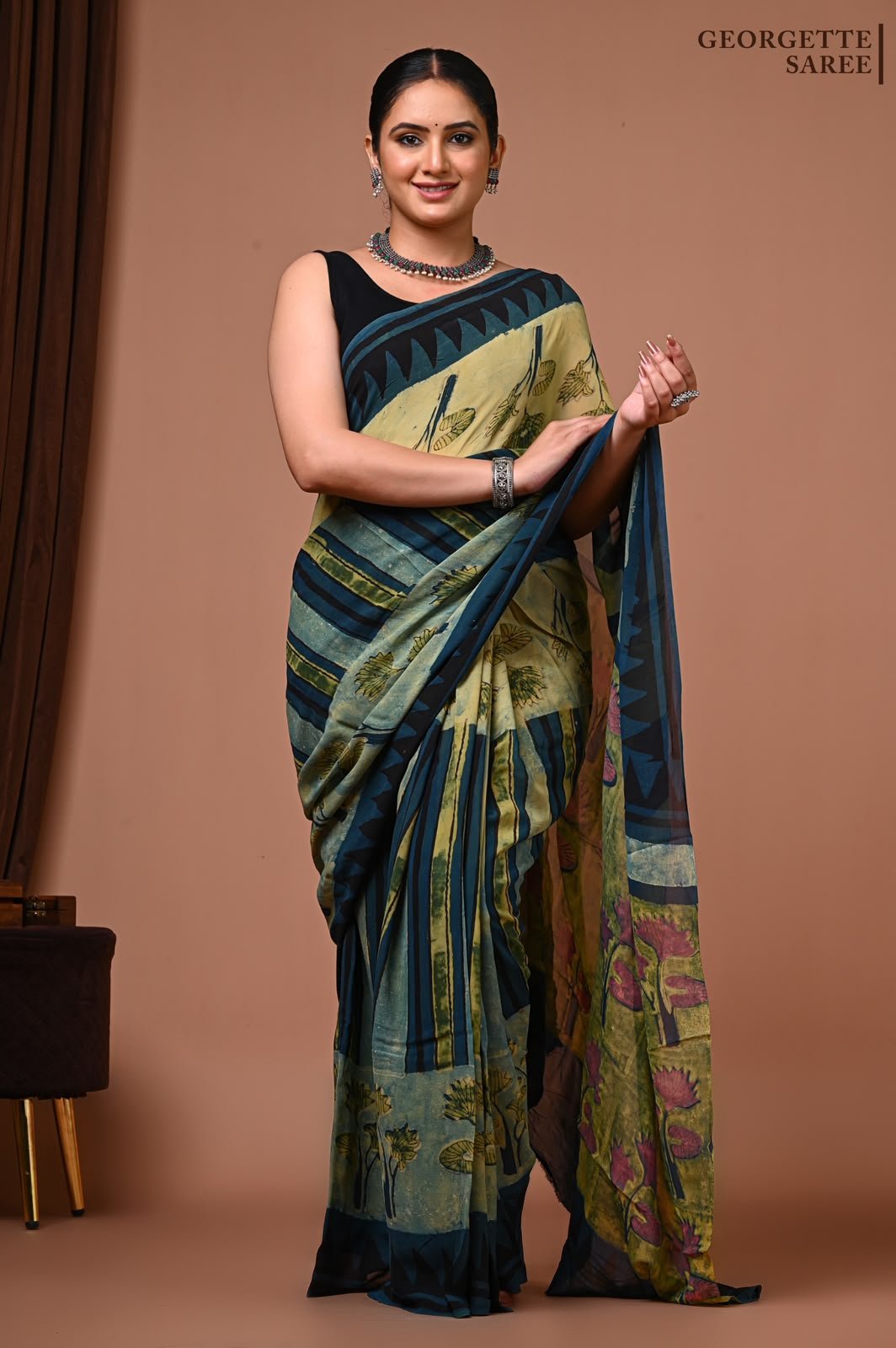 Georgette Hand Block Printed Saree