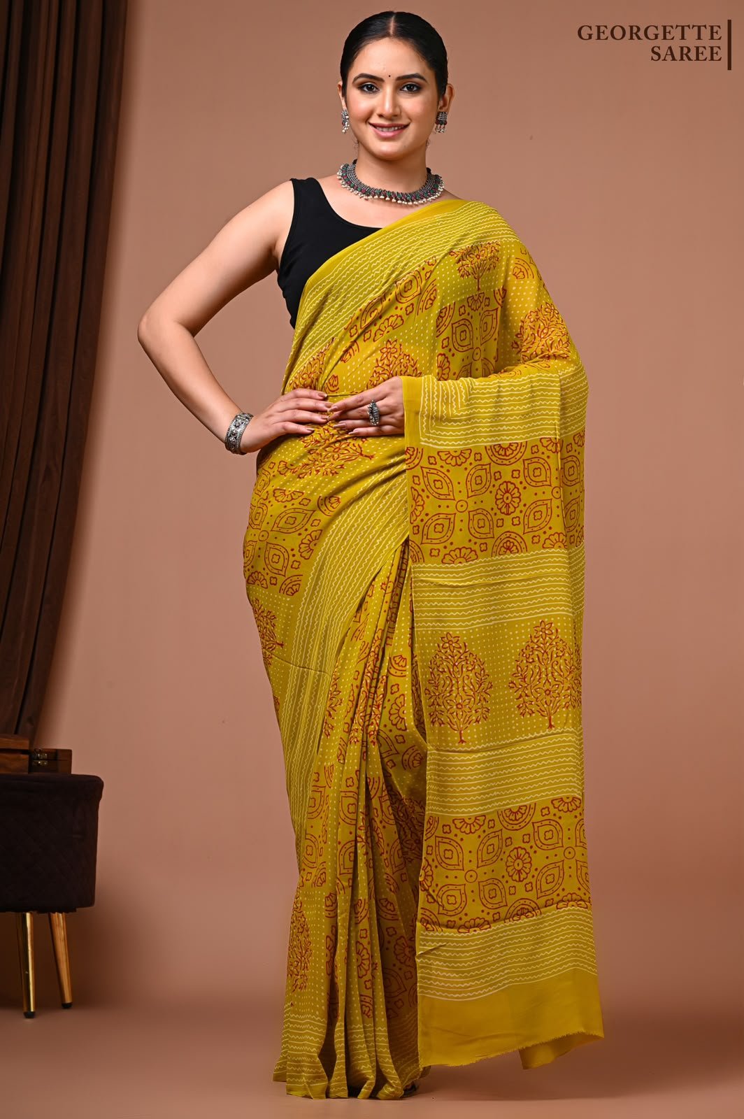 Georgette Hand Block Printed Saree