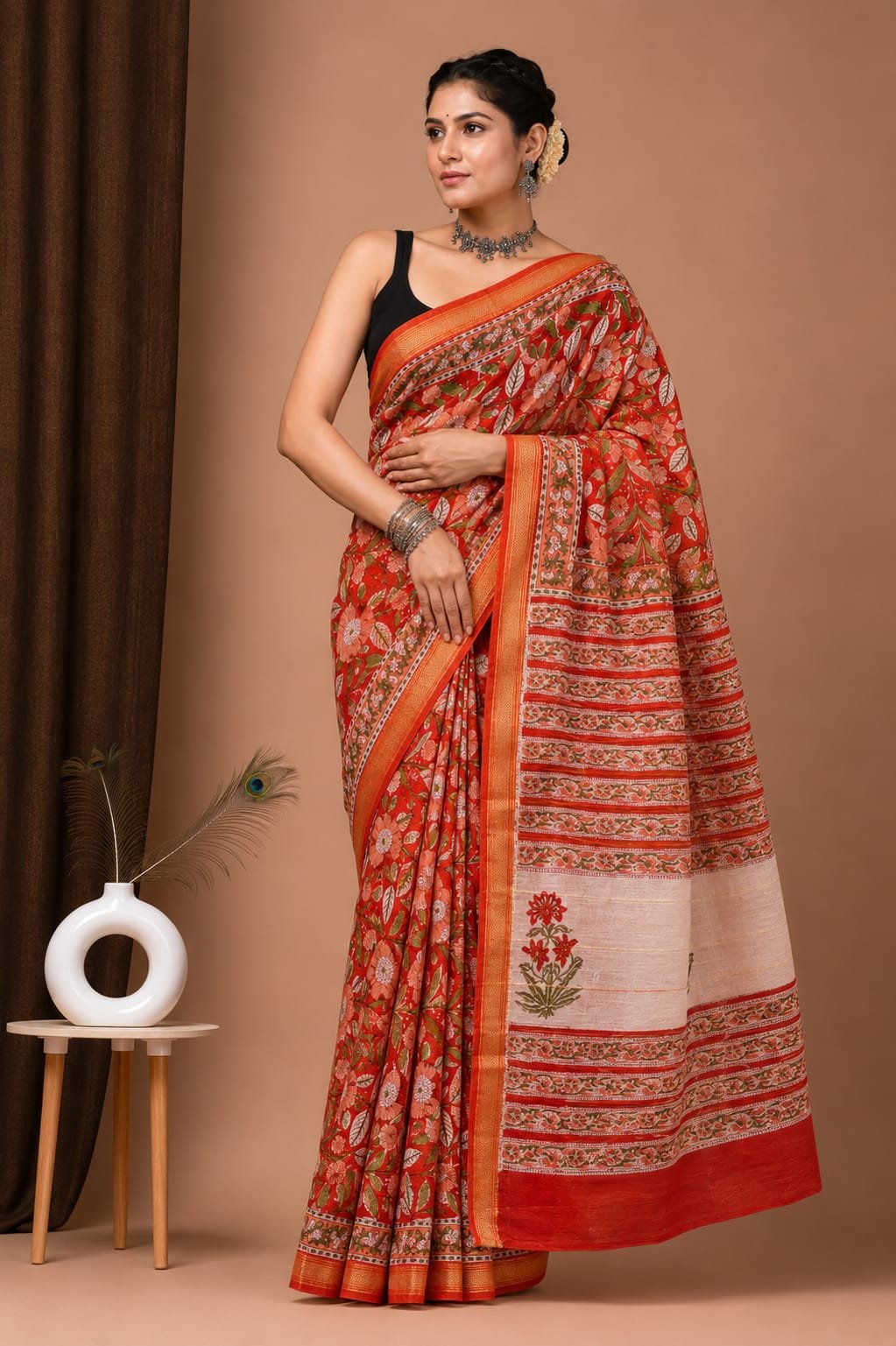 Maheshwari Hand Block Printed Saree
